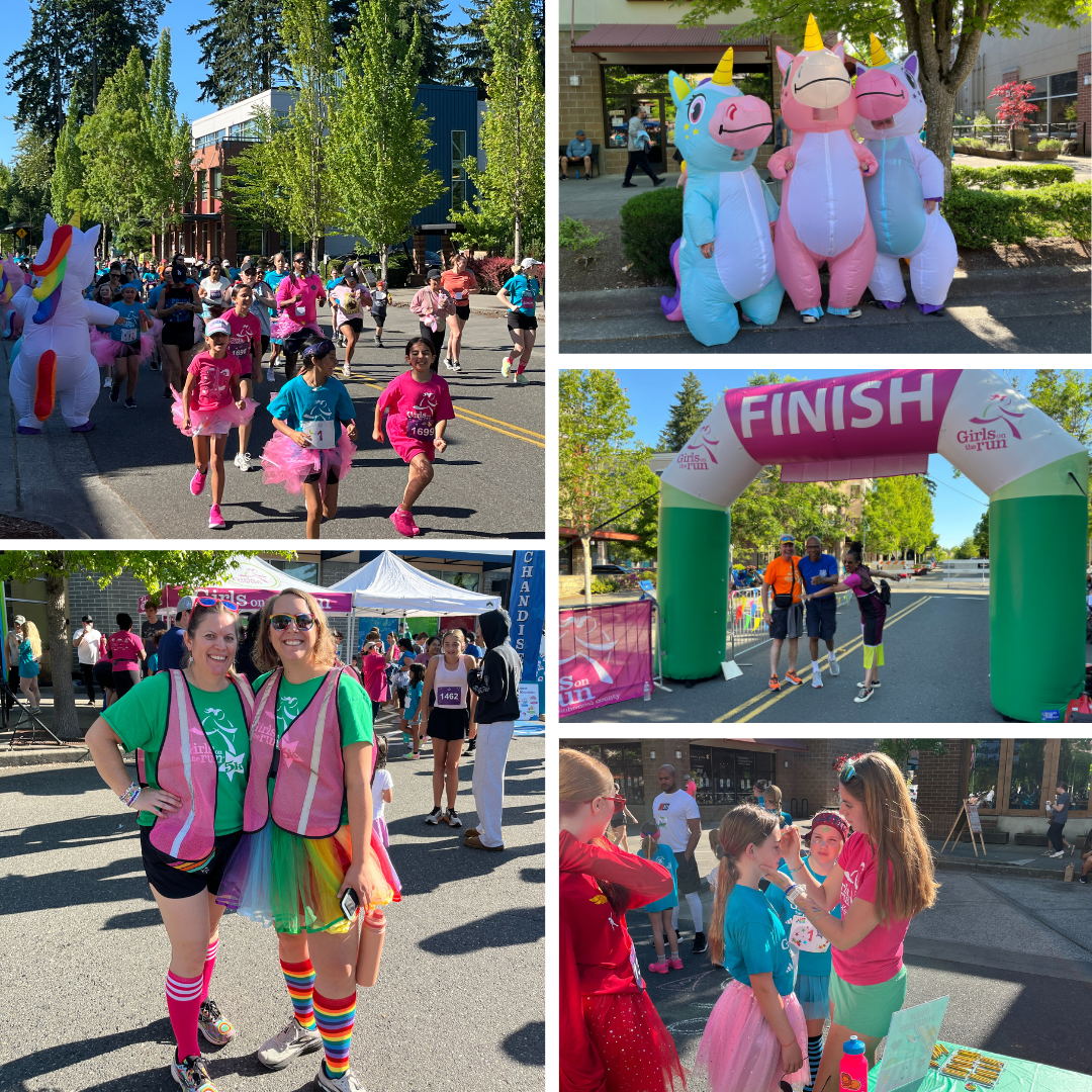 Girls on the Run 2025 collage of runners, volunteers, and cheerleaders in inflatable unicorn costumes.