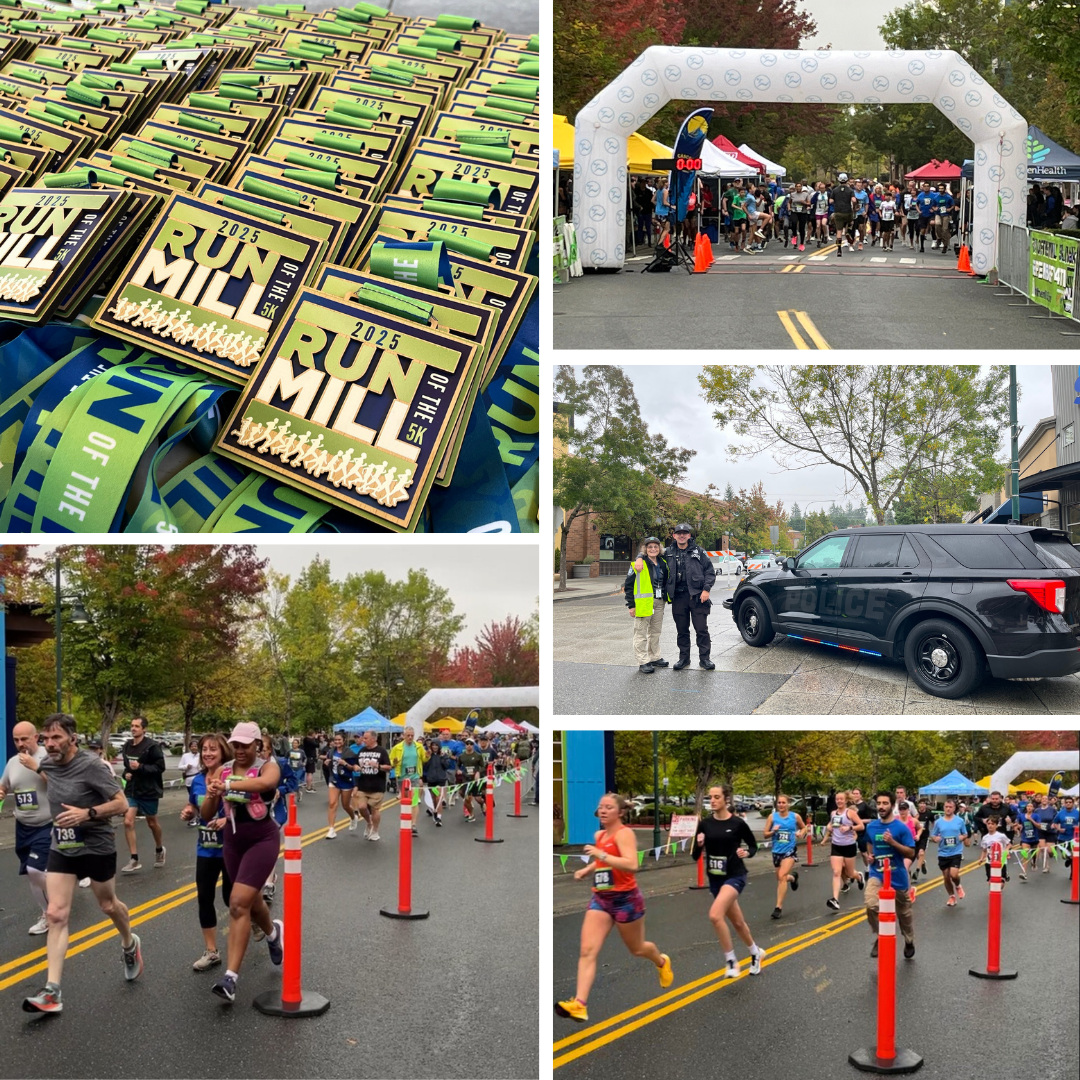 Run of the Mill 2025 collage with medals, runners, and MCPD.