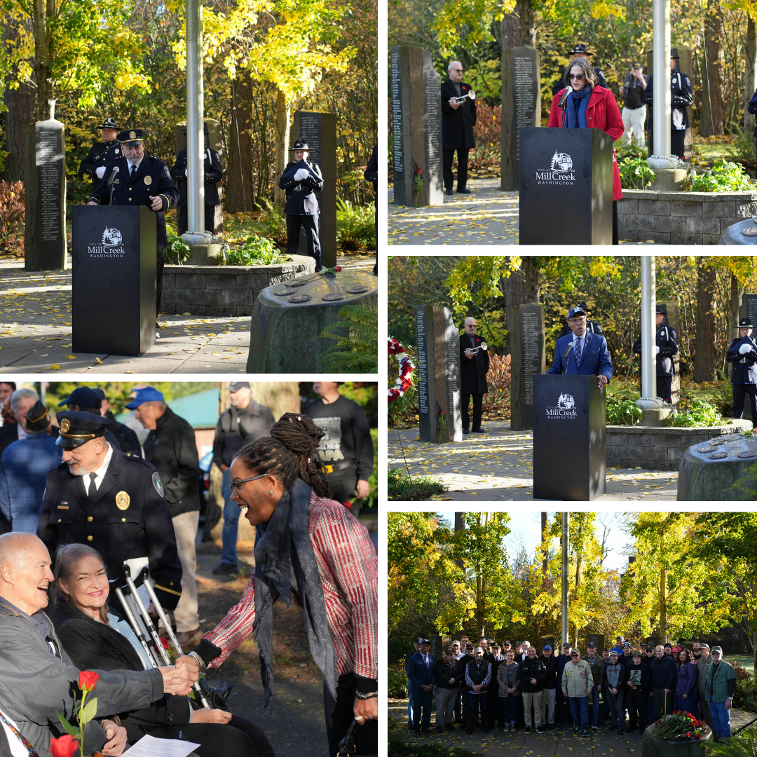 A collage of photos from the City of Mill Creek Veterans Day Ceremony and Parade 2025.