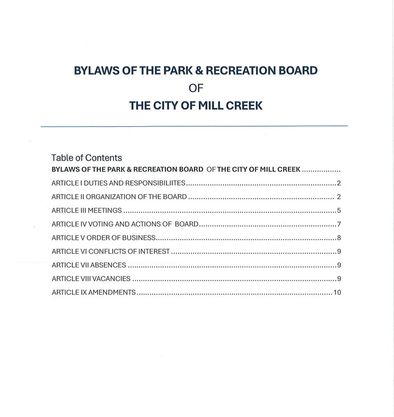 Bylaws of the Park and Recreation Board of Mill Creek