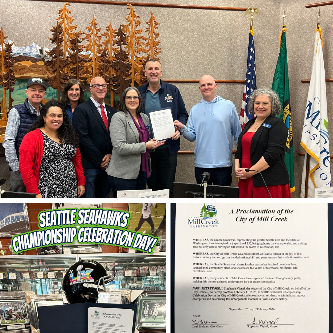 Mill Creek City Council presents the Seahawks Championship Celebration Day proclamation to Mill Creek Sports.