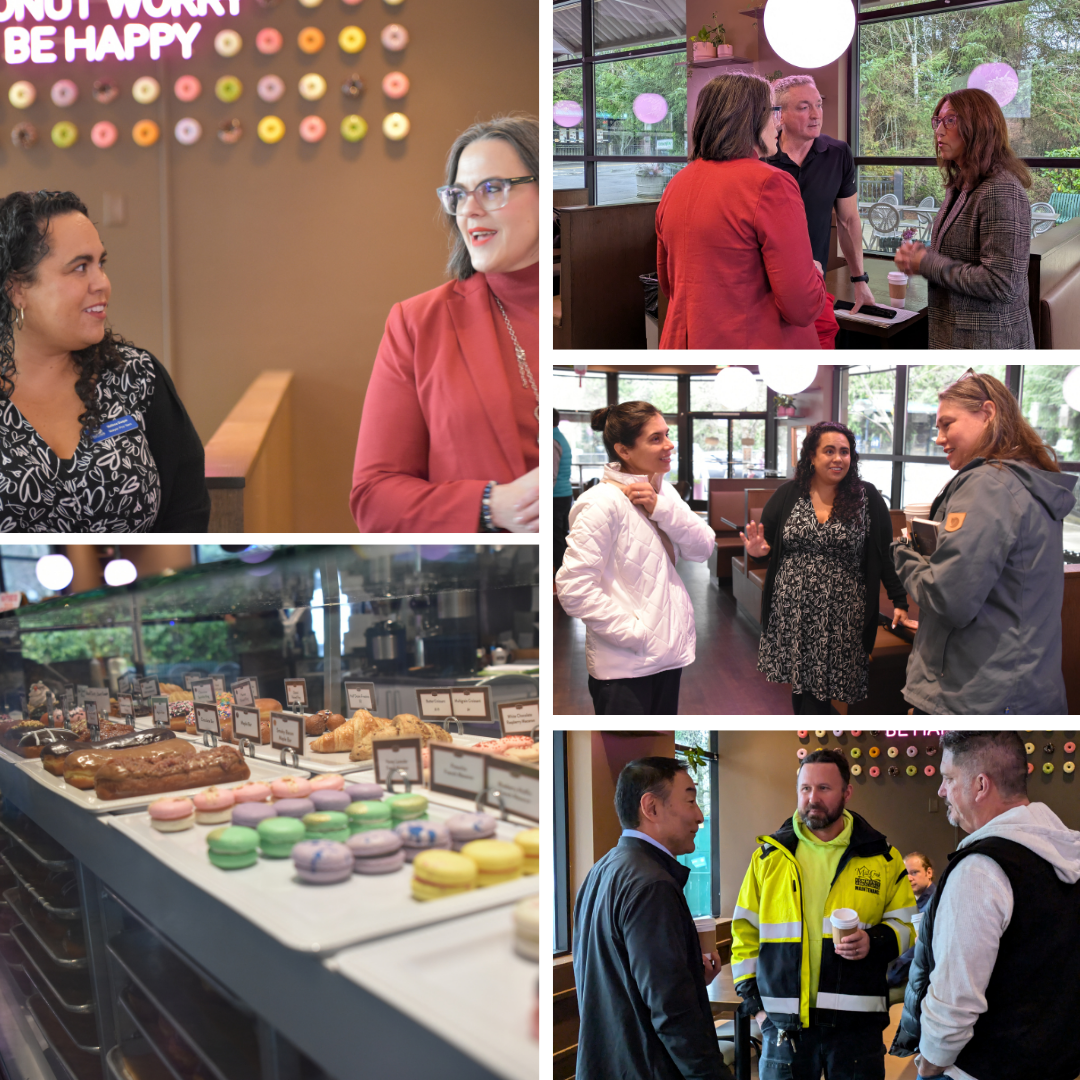 Collage of conversations at City Chat - Spring 2026 with Mayor Vignal, Mayor Pro Tem Duque, and City Manager Martin Yamamoto.