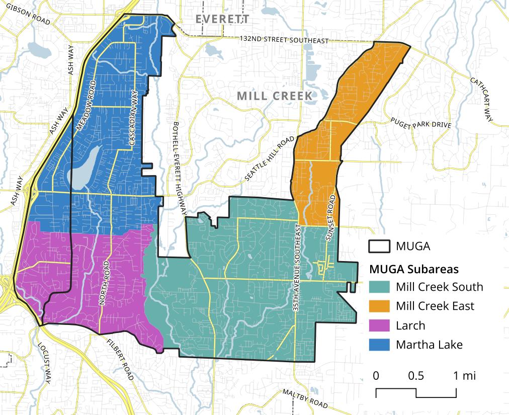 Map of the Mill Creek Municipal Urban Growth Areas, showing a map highlighting 4 colored sections around the west, southwest, southeast, and east sides of Mill Creek, named Martha Lake, Larch, South, and East respectively. 
