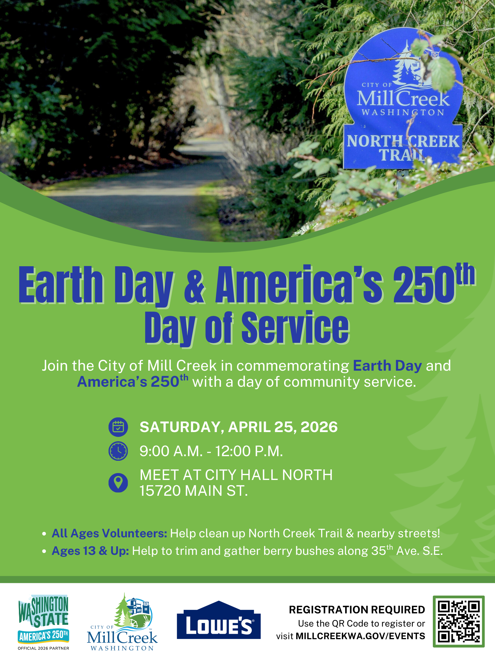 Earth Day and America's 250th Anniversary Day of Service flyer.