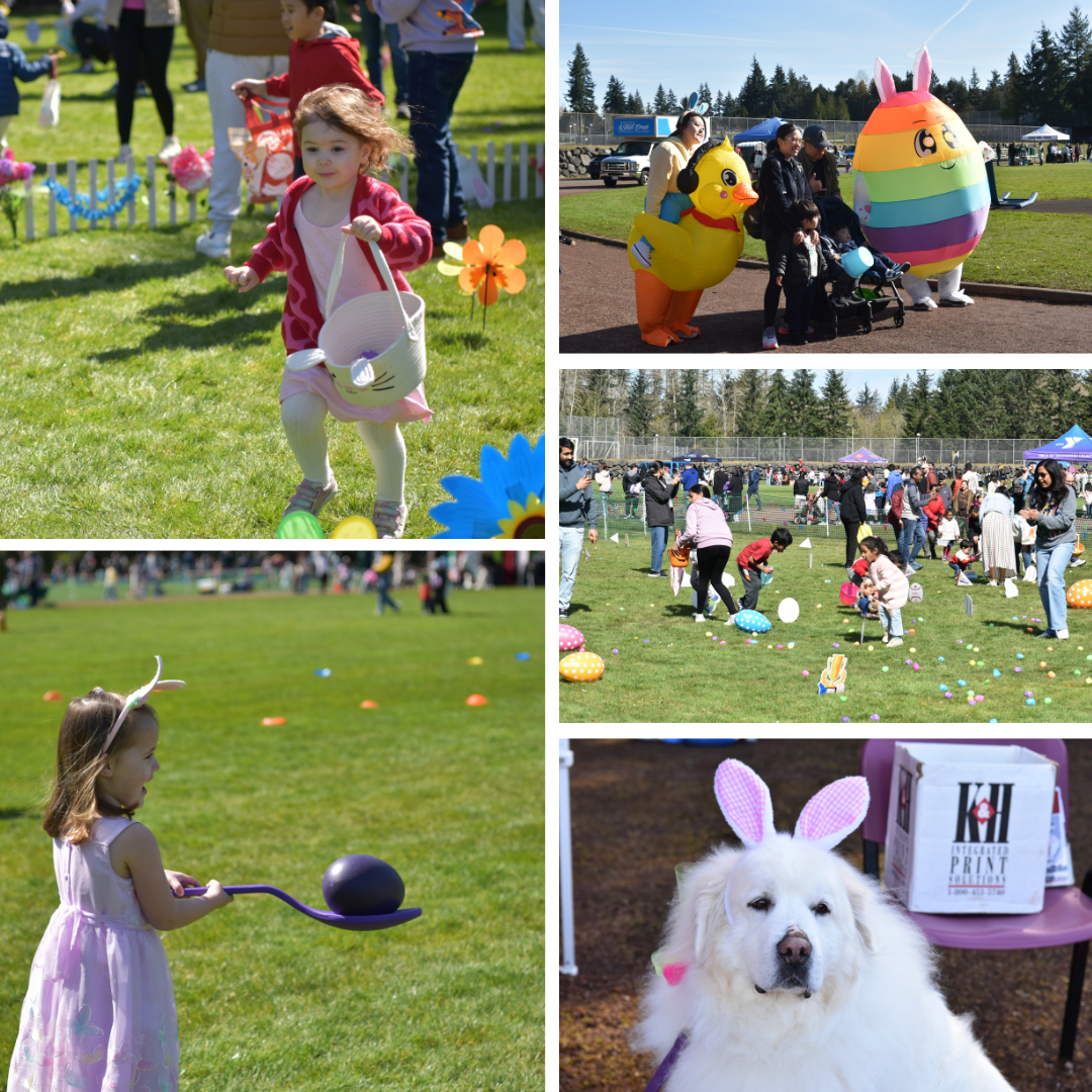 Eggstravaganza Spring Festival 2026 photo collage of egg hunts, spoon relays, inflatable costumes, and comfort dogs in Easter headbands.