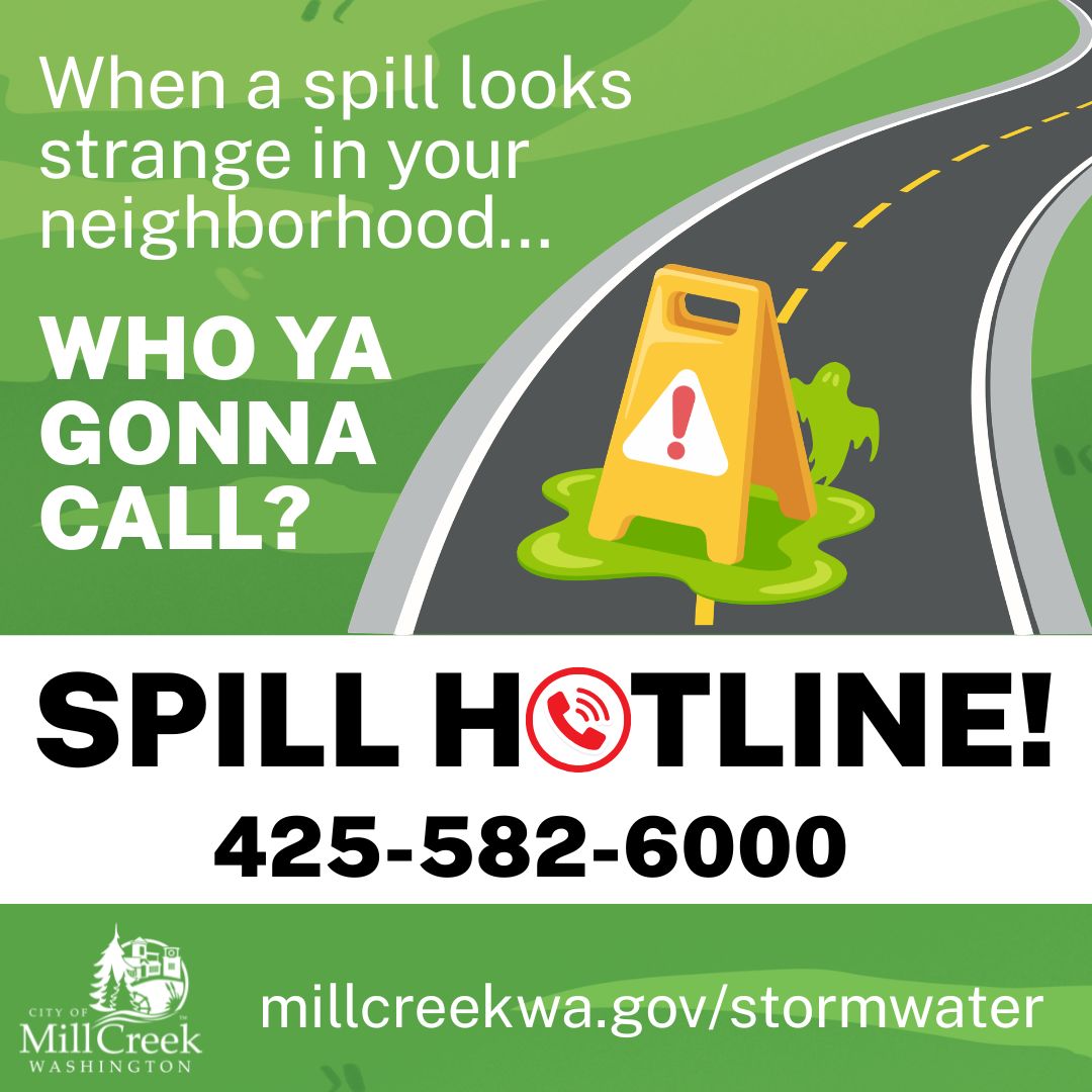 A graphic of a roadway spill with the text: "When a spill looks strange in your neighborhood… Who ya gonna call?!   SPILL HOTLINE! millcreekwa.gov/stormwater"