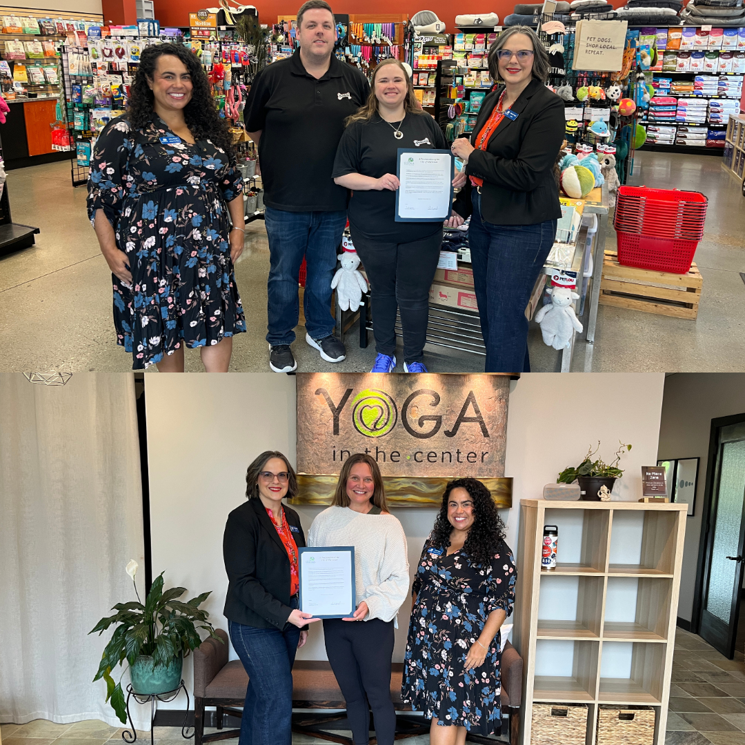 Mayor Vignal and Mayor Pro Tem Duque visit local businesses Paddywack and Yoga in the Center for Mill Creek's National Small Business Week Proclamation.