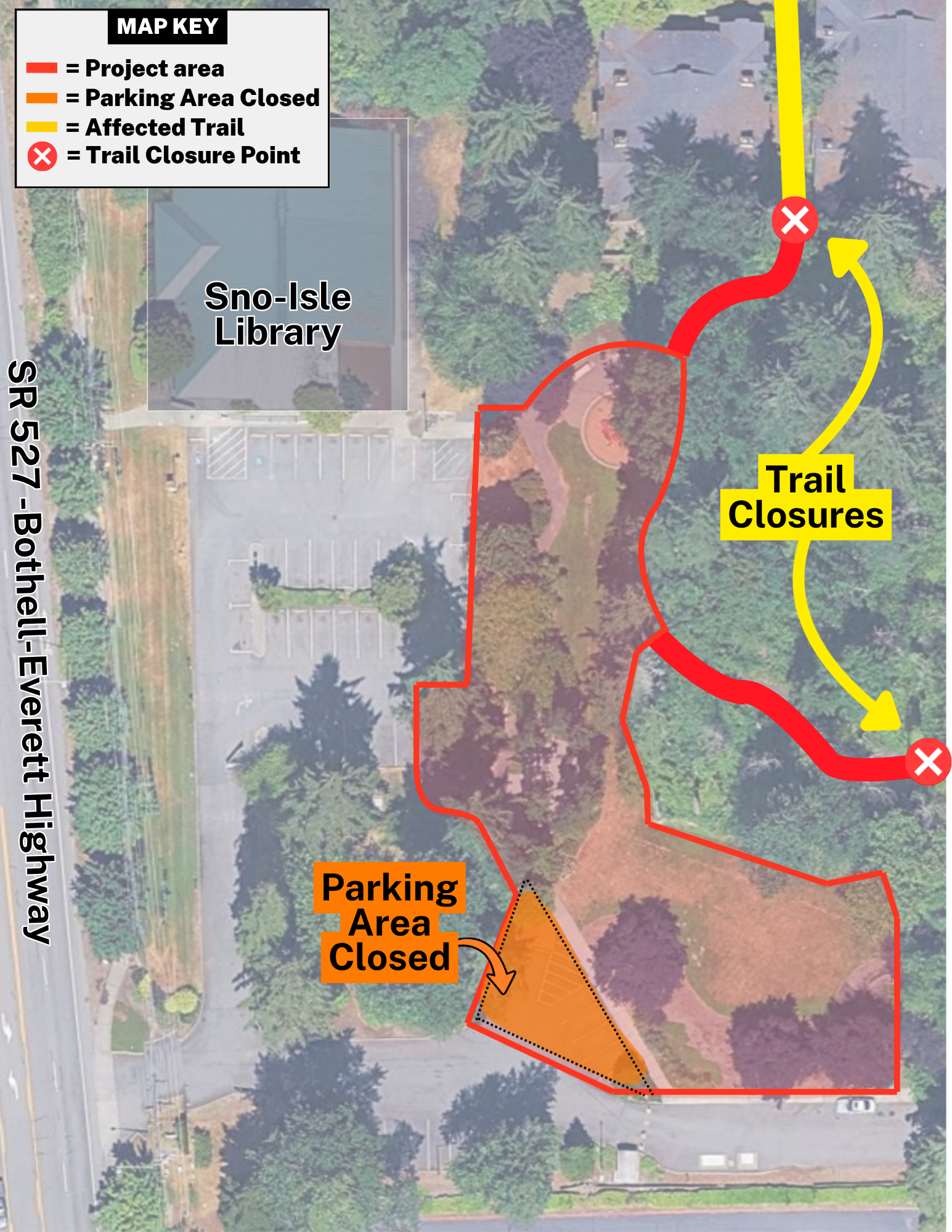 Library Park Rehabilitation Project Map, showing project closures around Library Park. 