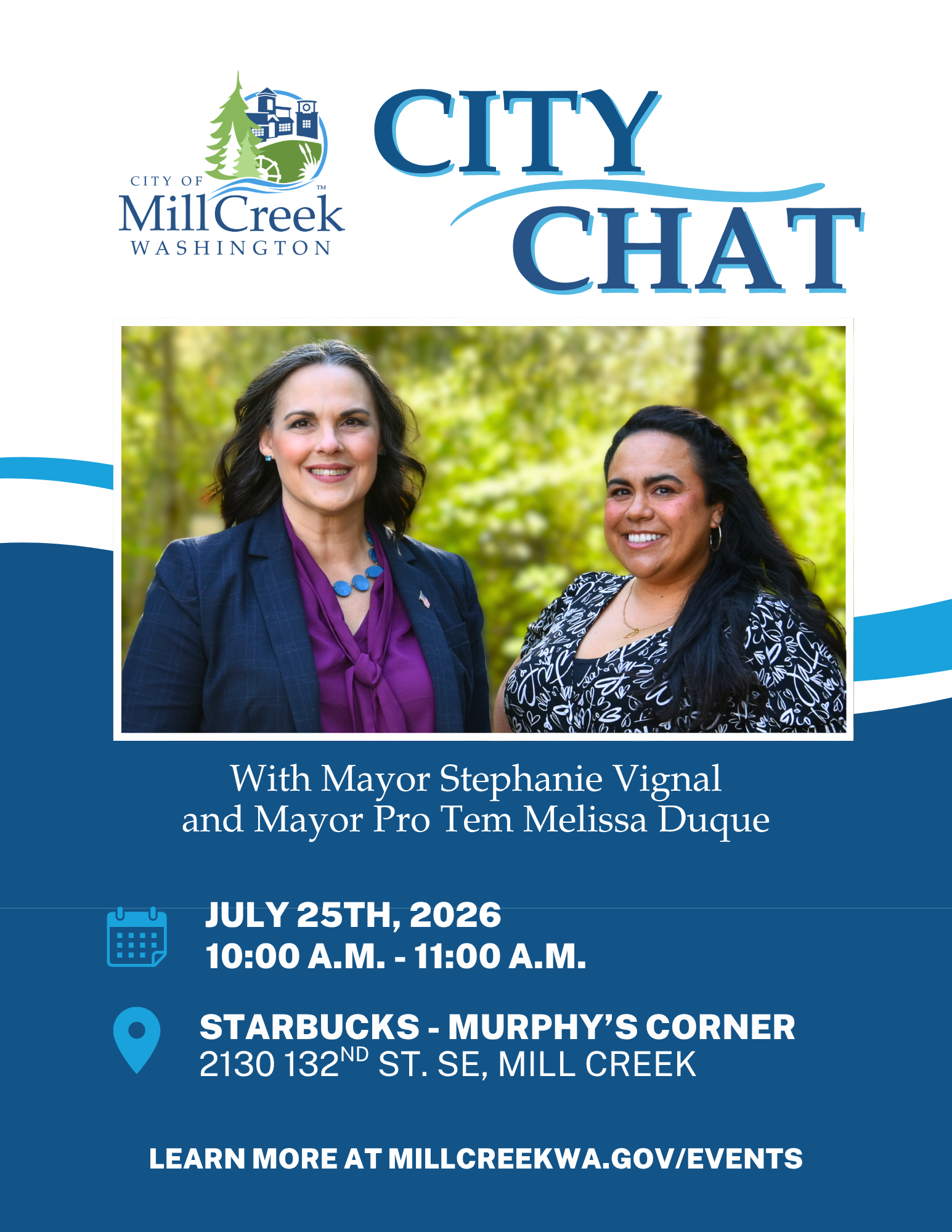 City Chat with Mayor Stephanie Vignal and Mayor Pro Tem Melissa Duque - Flyer - Mid Summer