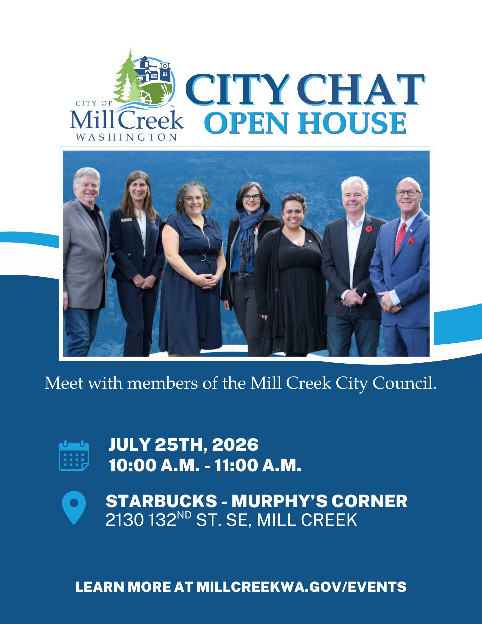 City Chat Open House presents an excellent opportunity for residents and business owners to meet and engage with members of the Mill Creek City Council.