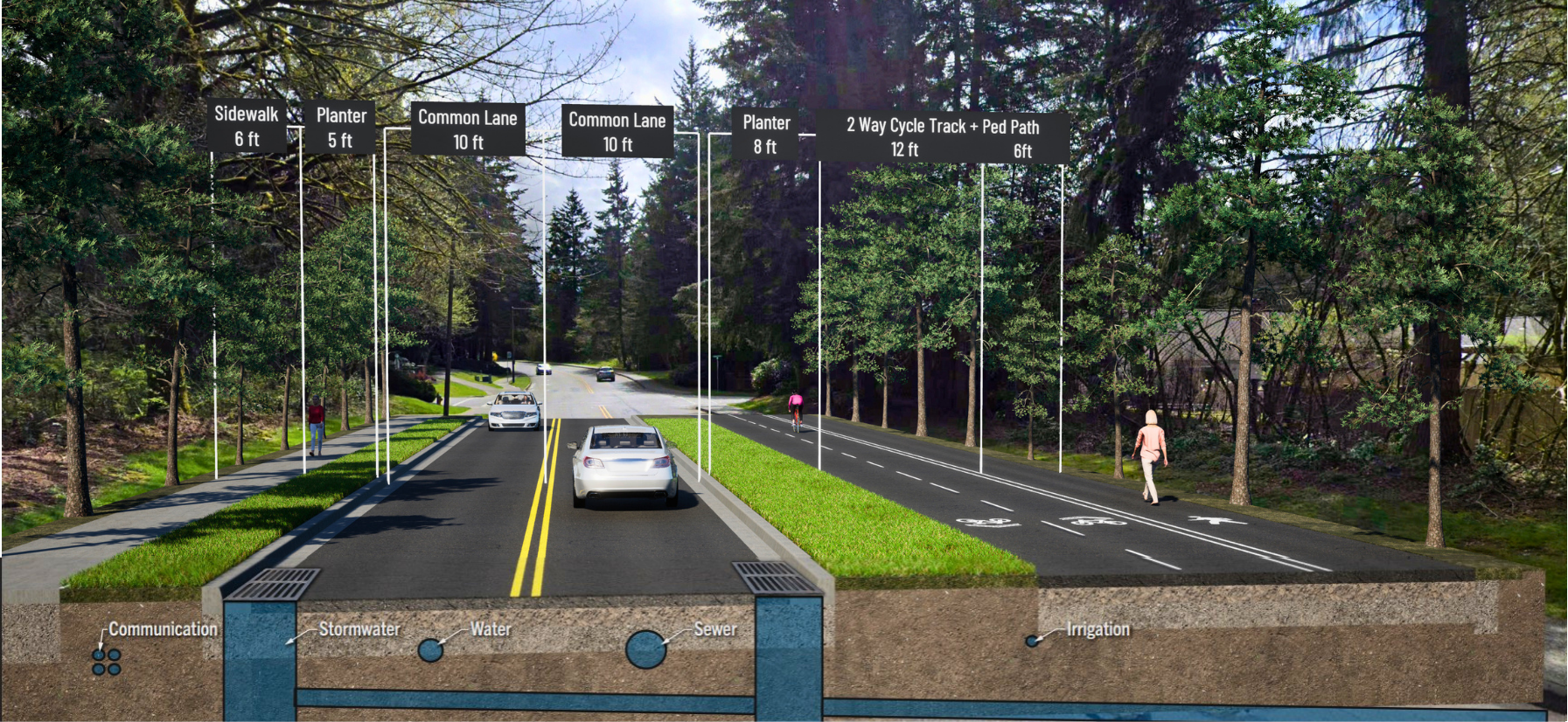 A cross section of a neighborhood street