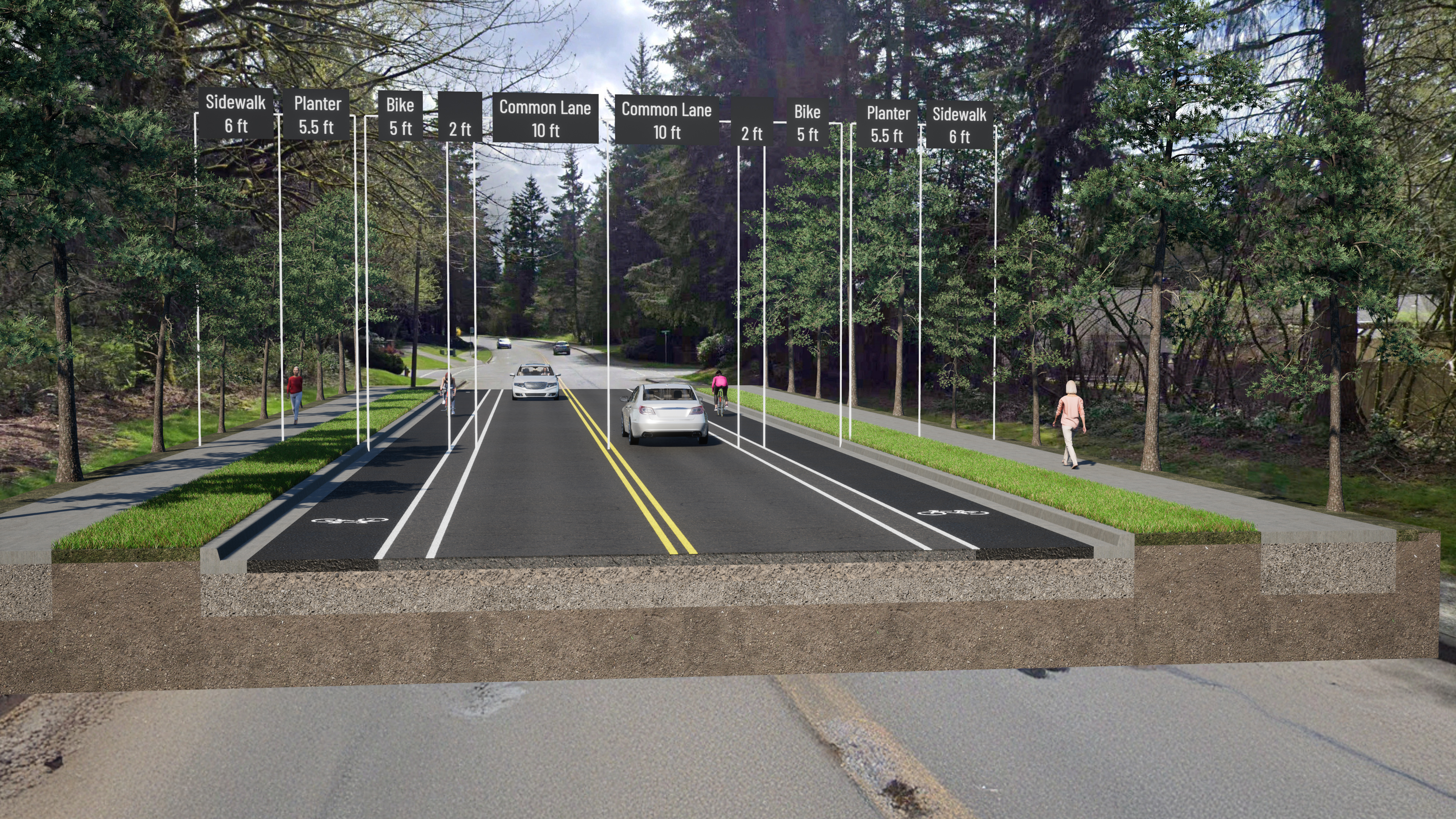 A cross section of a neighborhood street