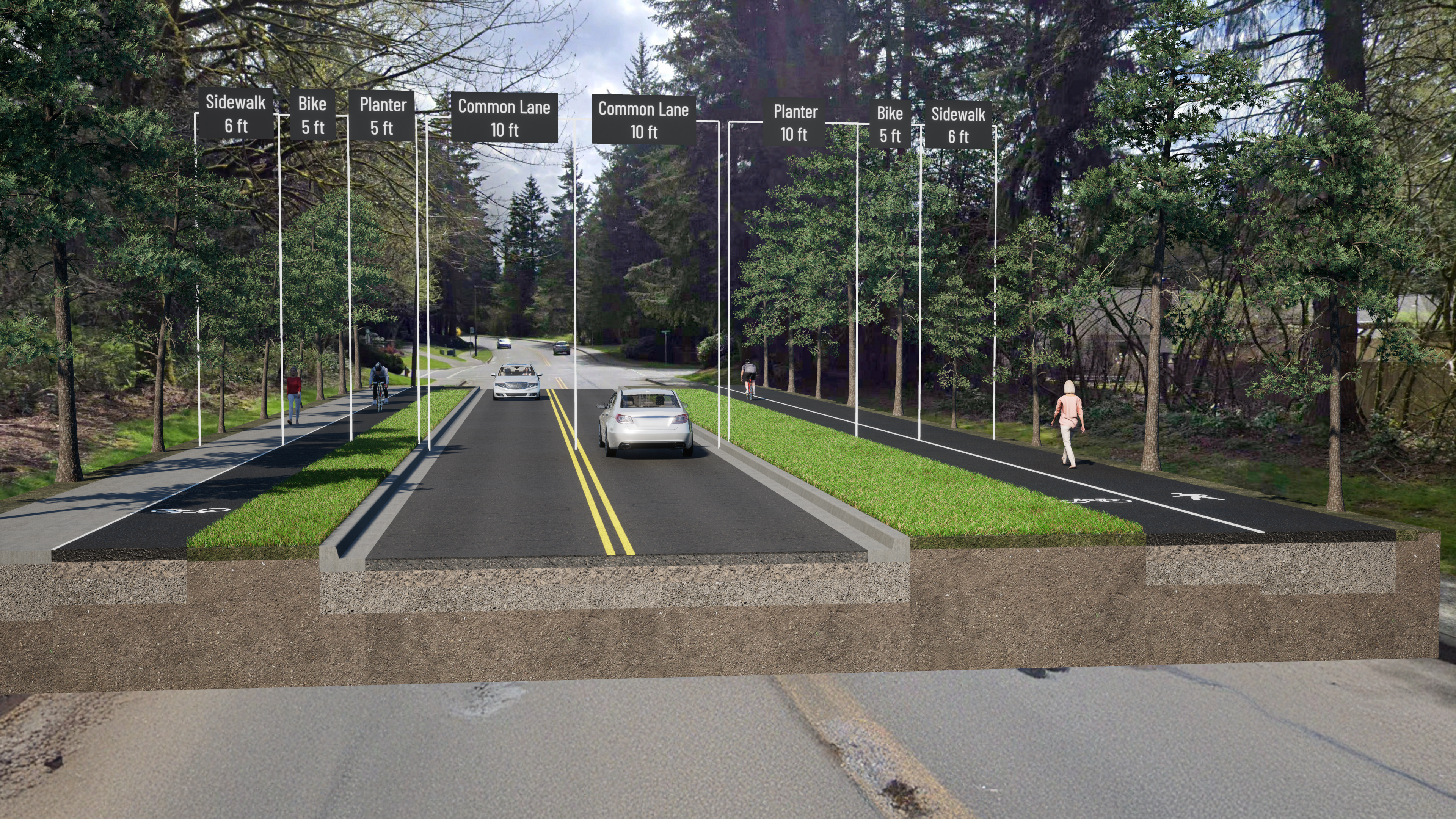 A cross section of a neighborhood street