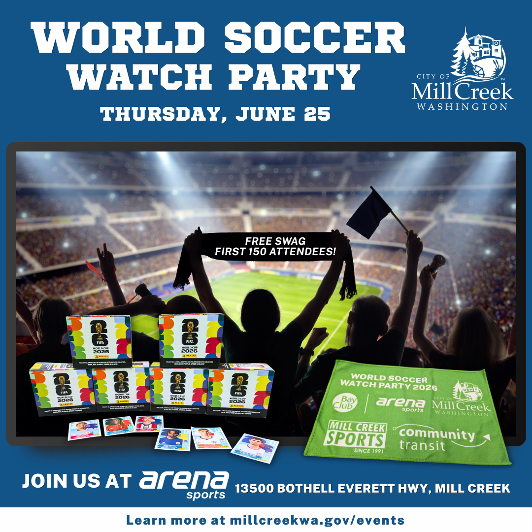 World Soccer Watch Party - Thursday, June 25, 2026. Free swag for first 150 attendees. Join us at Arena Sports.