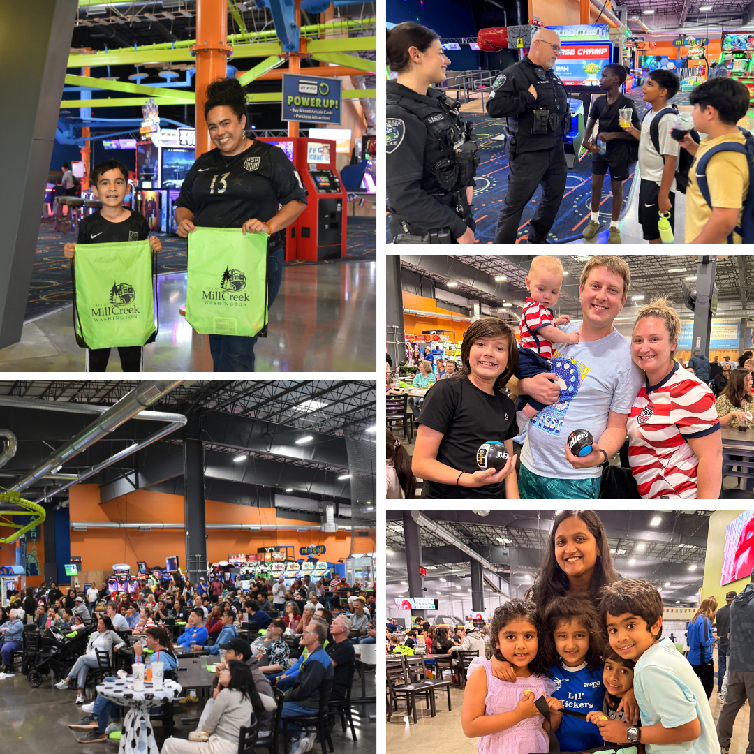 World Soccer Watch Party collage of attendees receiving swag, watching the soccer game, and meeting with MCPD.