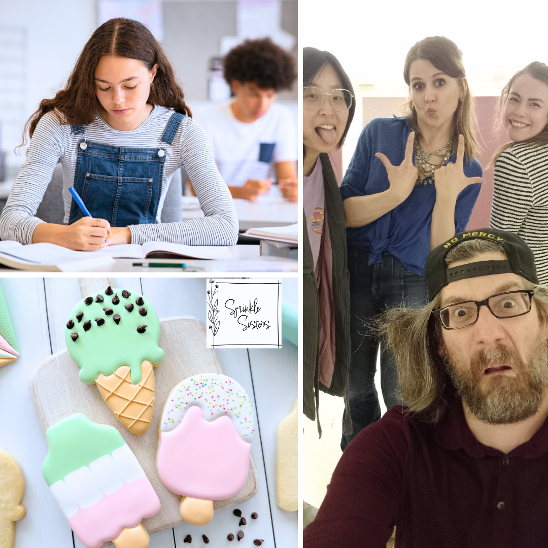 Collage of class offerings: fiction writing, summer treats cookie decorating, and adult improv.