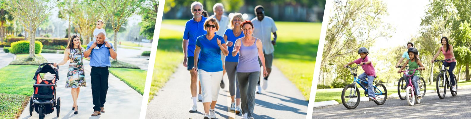 Families walking along a sidewalk