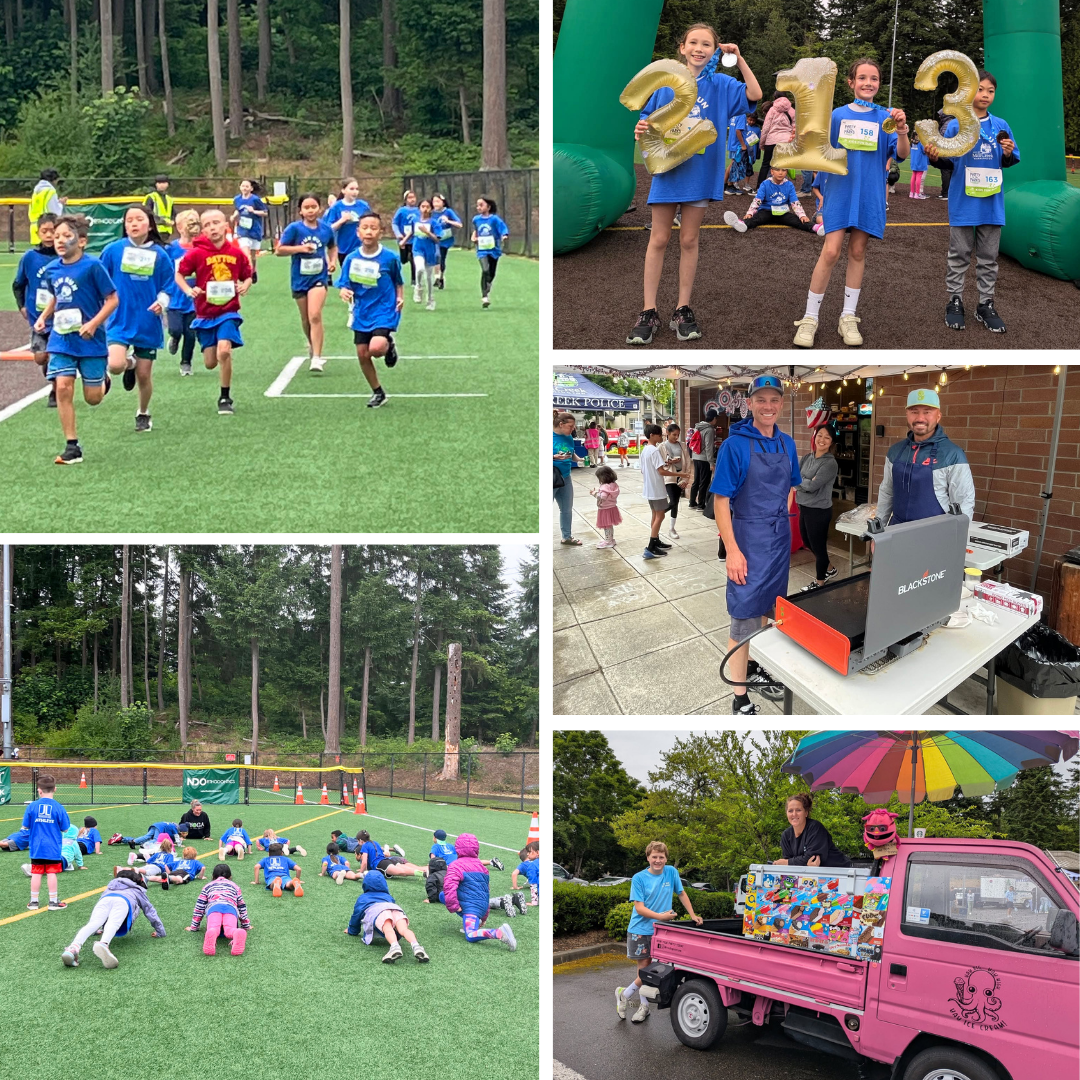 Party in the Parks and Kids Fun Run collage of kids racing, warming up, winners of the race, and event concessions.