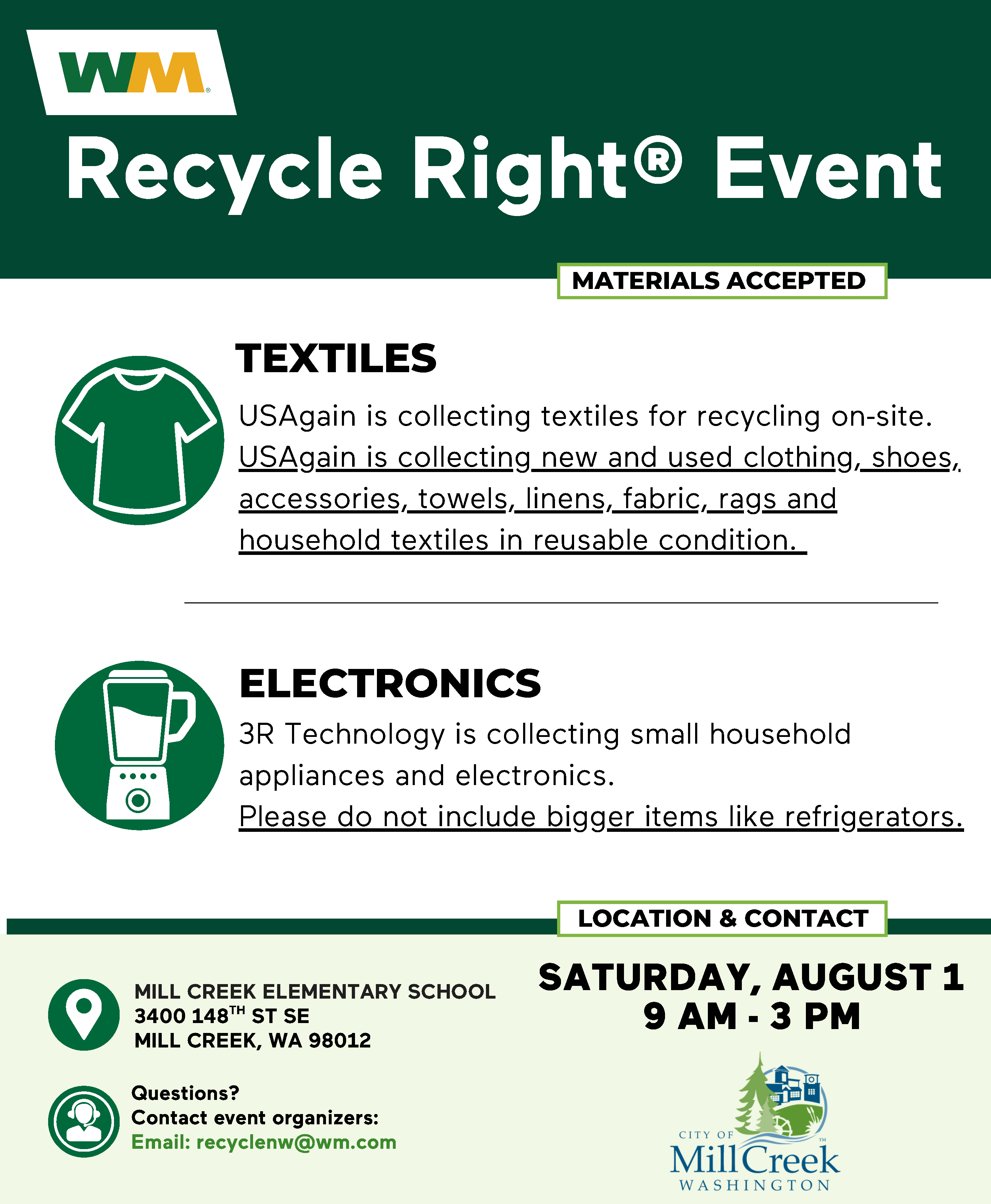 WM Recycle Right Event - August 1, 2026 from 9 a.m. to 3 p.m. - Mill Creek Elementary