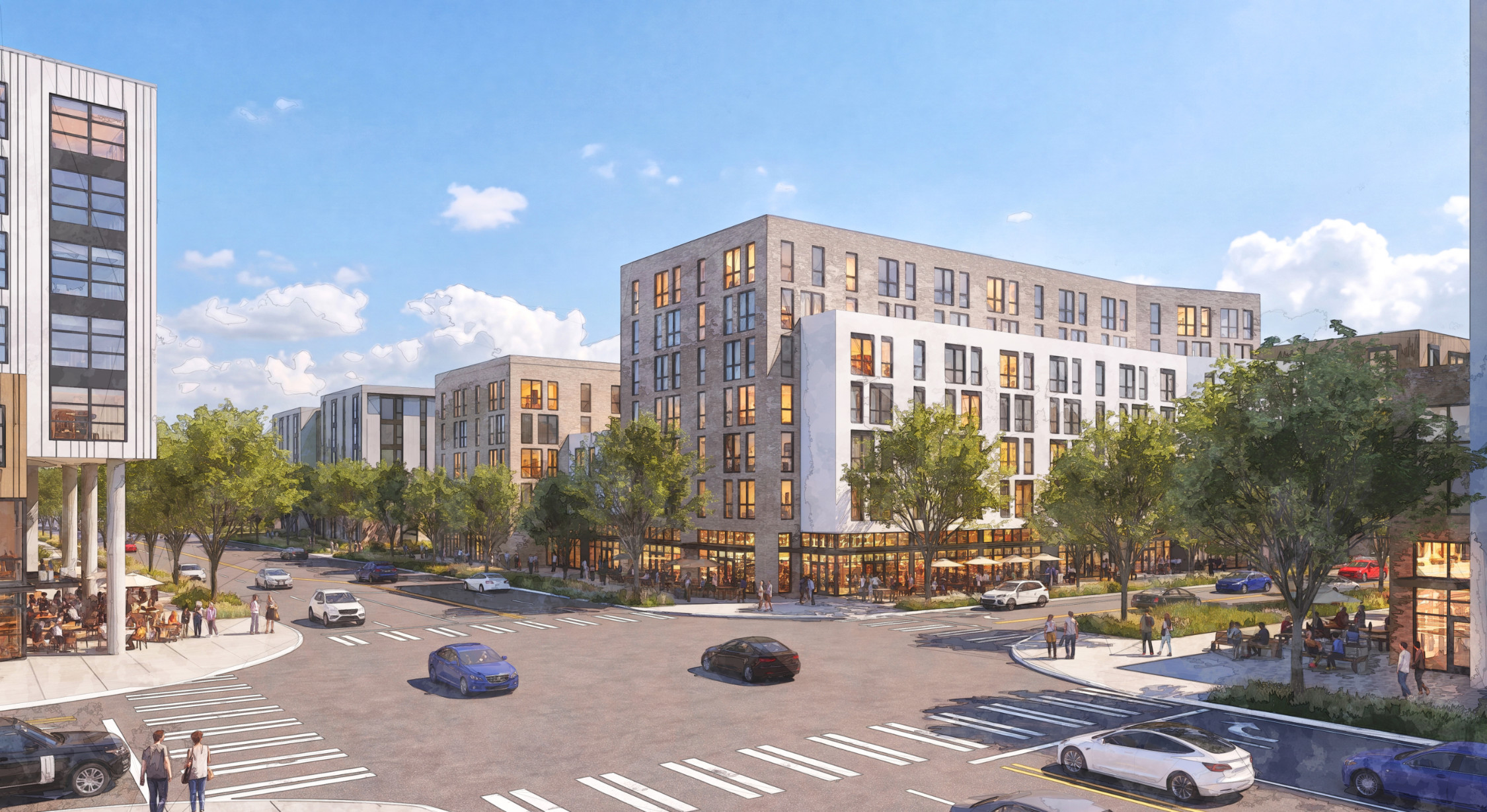 A rendering of potential development in Mill Creek; a Building, road, pedestrians.