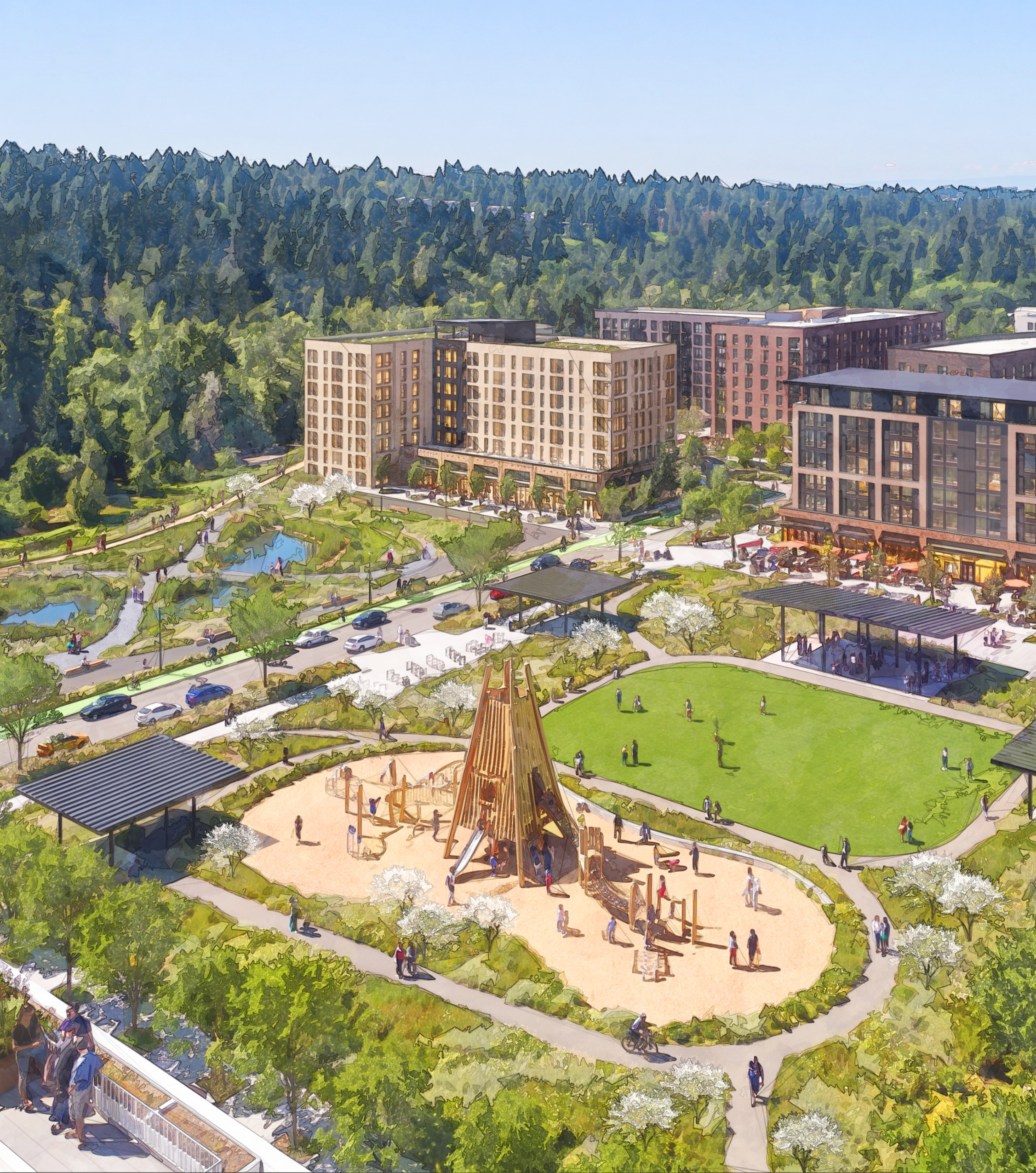 A rendering of potential development in Mill Creek; a Building, road, pedestrians.