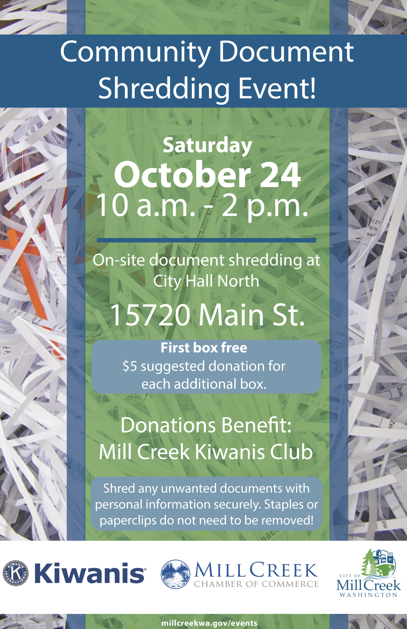 Community Document Shredding Event - Saturday, October 24, 2026 from 10:00 a.m. - 2:00 p.m. at Mill Creek City Hall North.