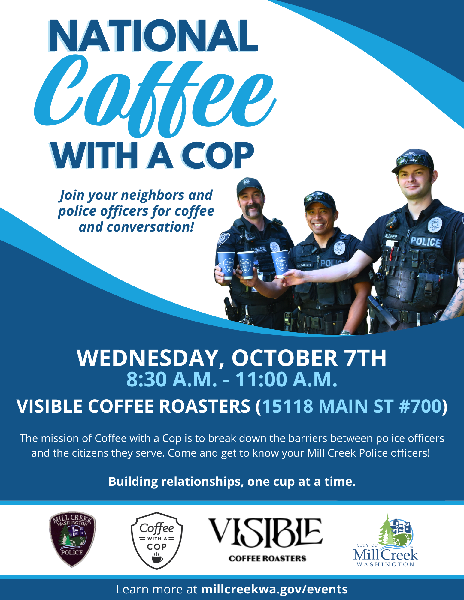 National Coffee with a Cop 2026 Flyer - Three officers holding Coffee with a Cop event cups.