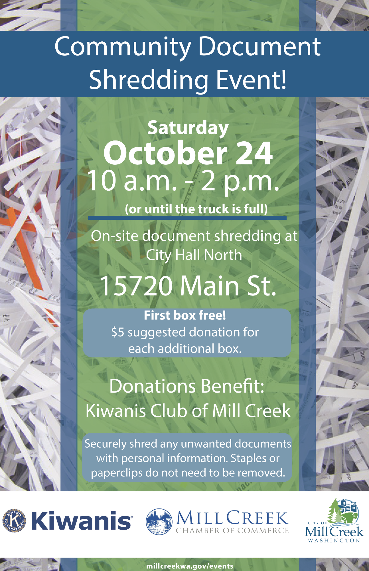 Community Document Shredding Event - Saturday, October 24, 2026 from 10:00 a.m. - 2:00 p.m. at Mill Creek City Hall North.