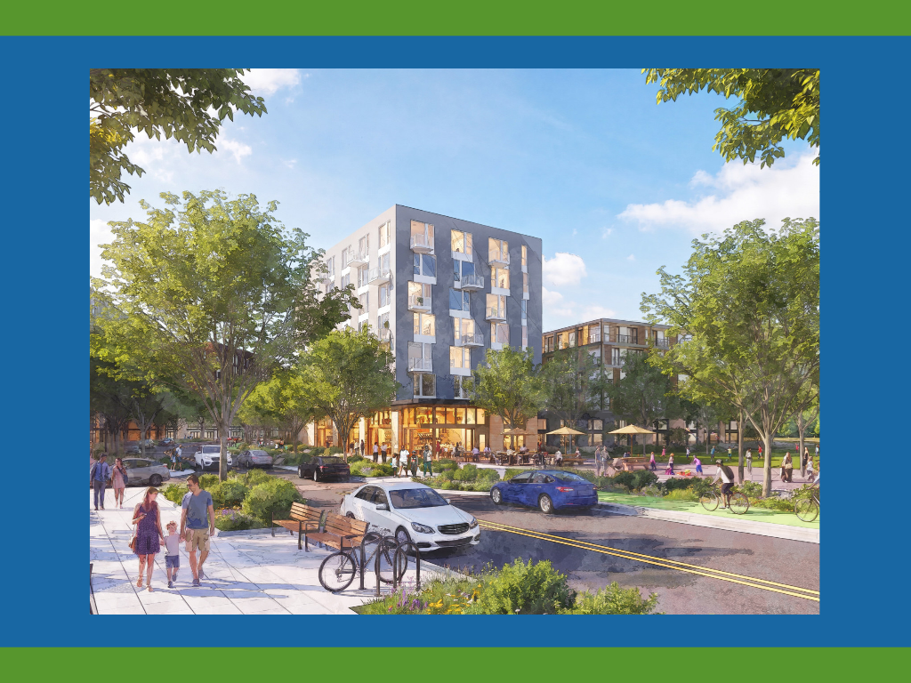 Artistic rendering of the potential look of the South Town Center Master Plan with families walking on sidewalks, tree covered lawns, and modern mixed-use buildings in the distance.