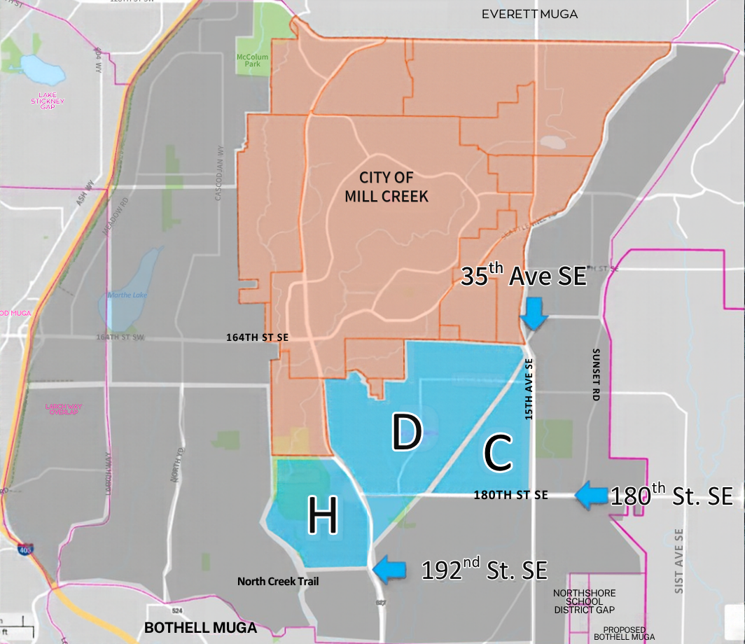 Map of the current borders of Mill Creek in orange and additional outlined sections to annex in blue to the south.
