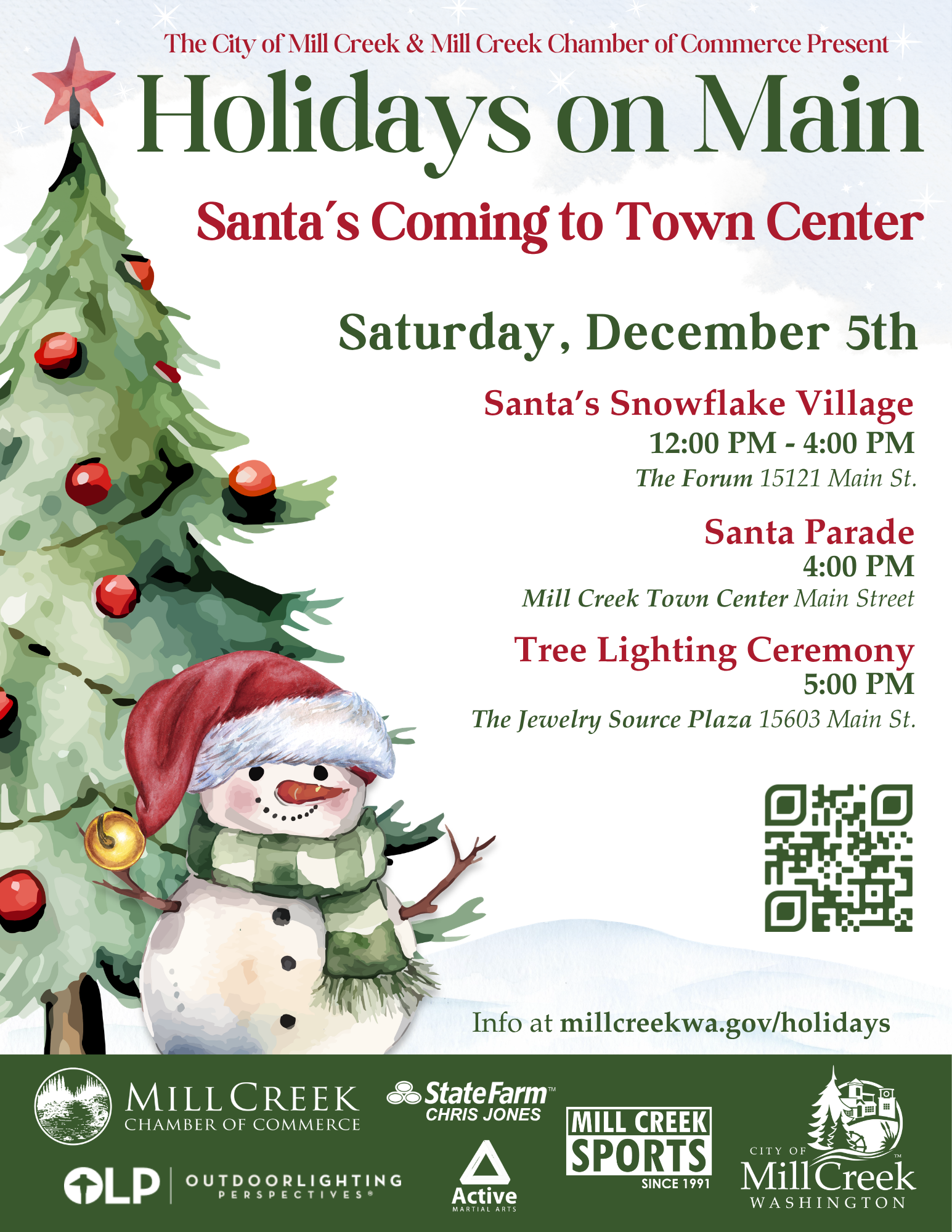 The City of Mill Creek and Mill Creek Chamber of Commerce Present: Holidays on Main, Santa's Coming to Town Center