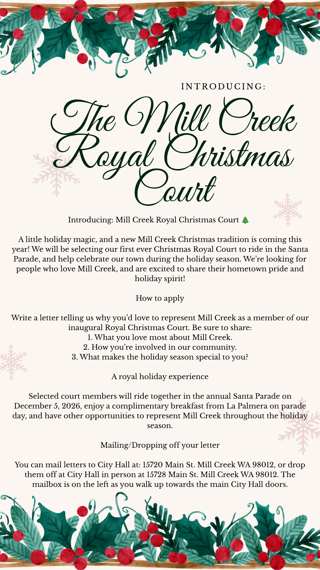 Introducing the Mill Creek Royal Christmas Court flyer