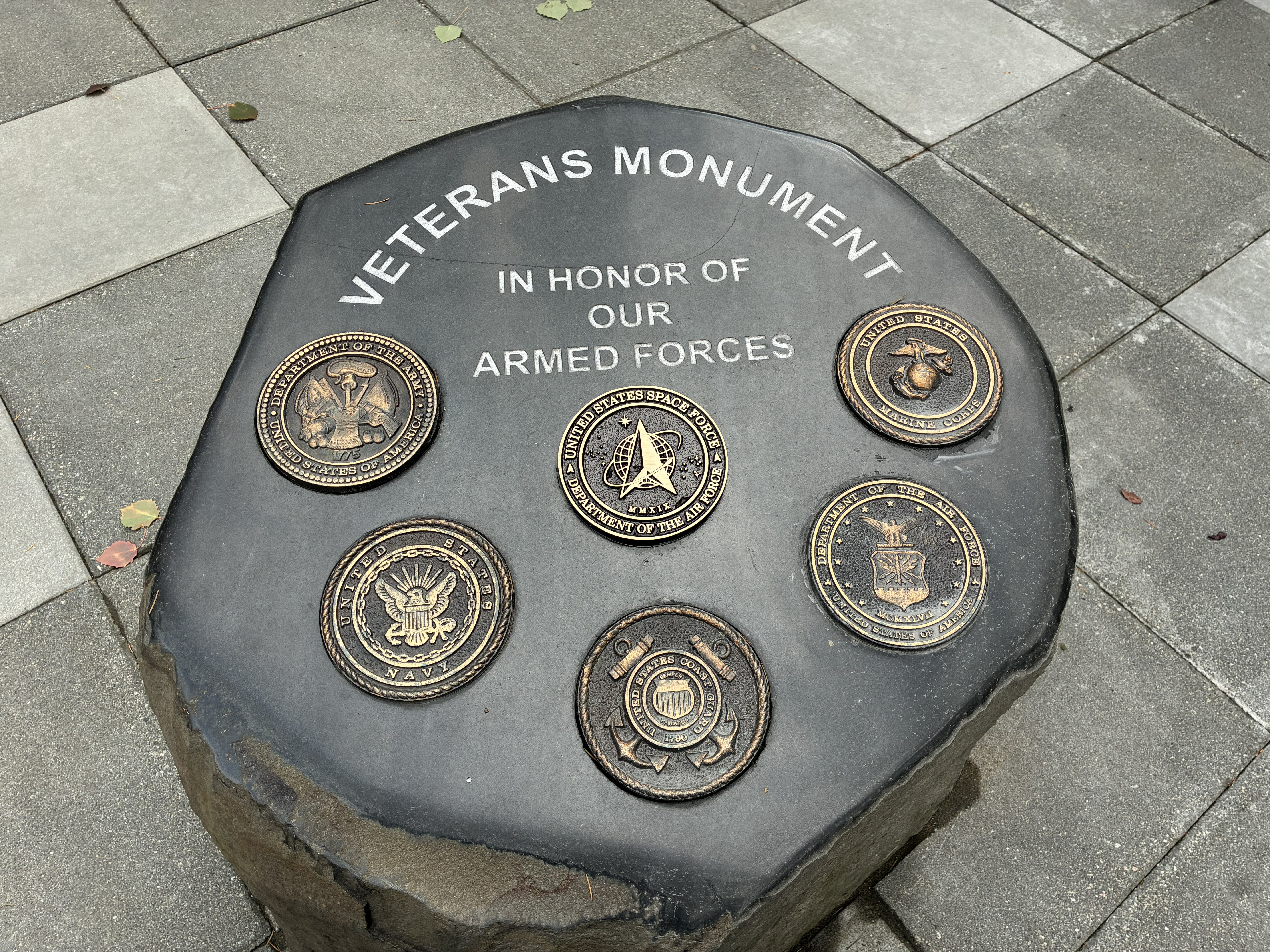 Benches and basalt columns at the remodeled Veterans Monument