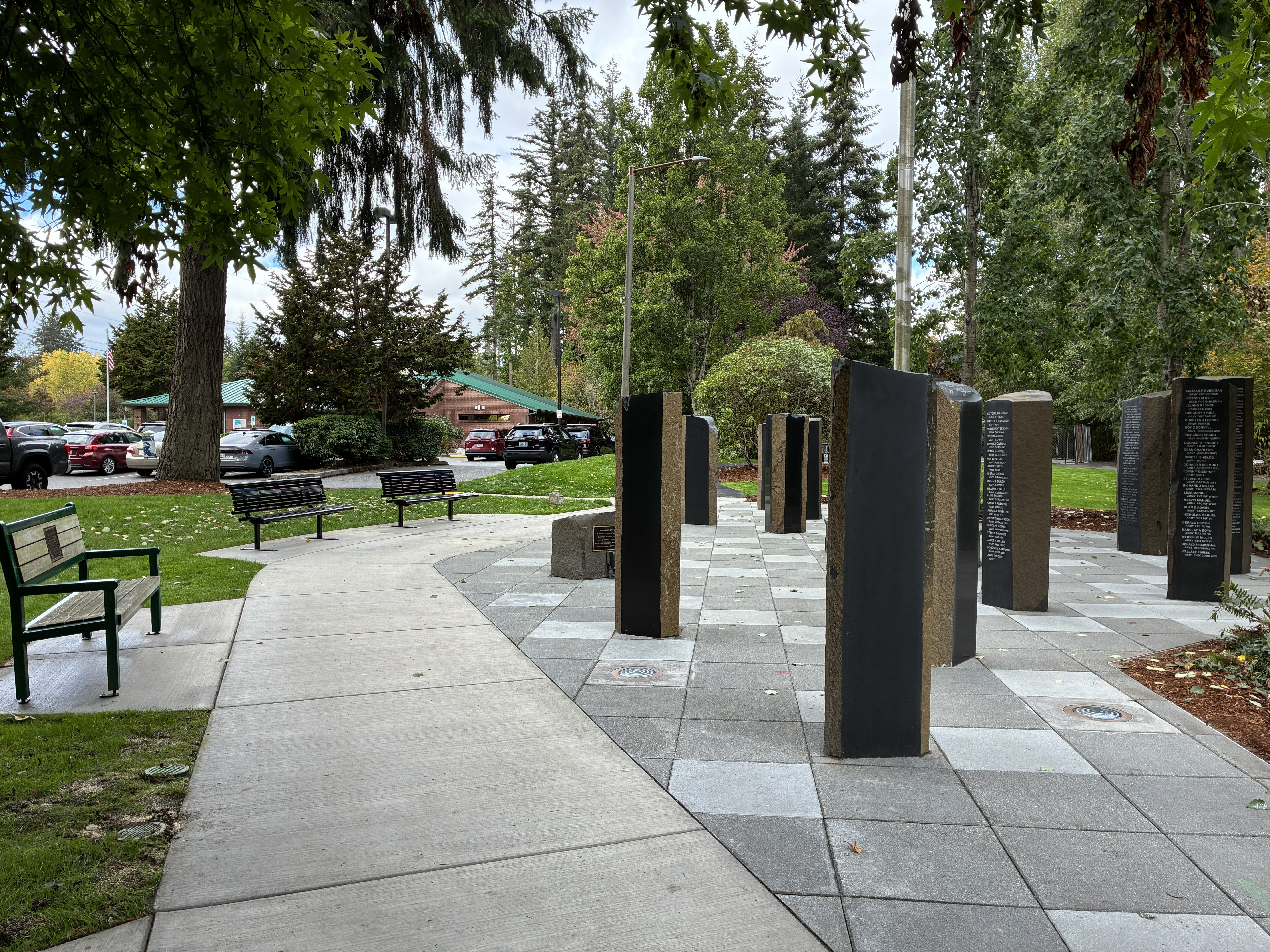 Benches and basalt columns at the remodeled Veterans Monument
