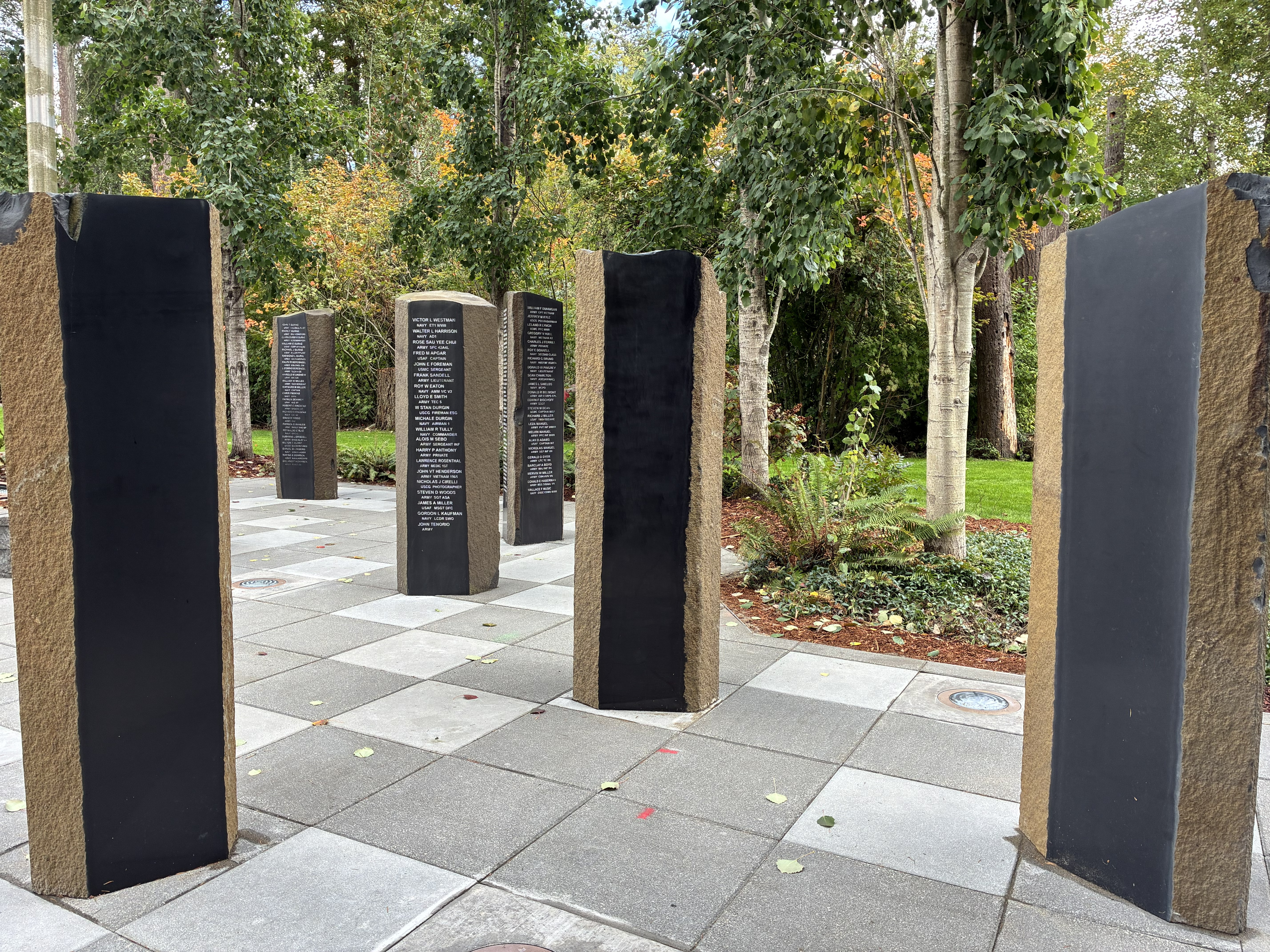 Benches and basalt columns at the remodeled Veterans Monument