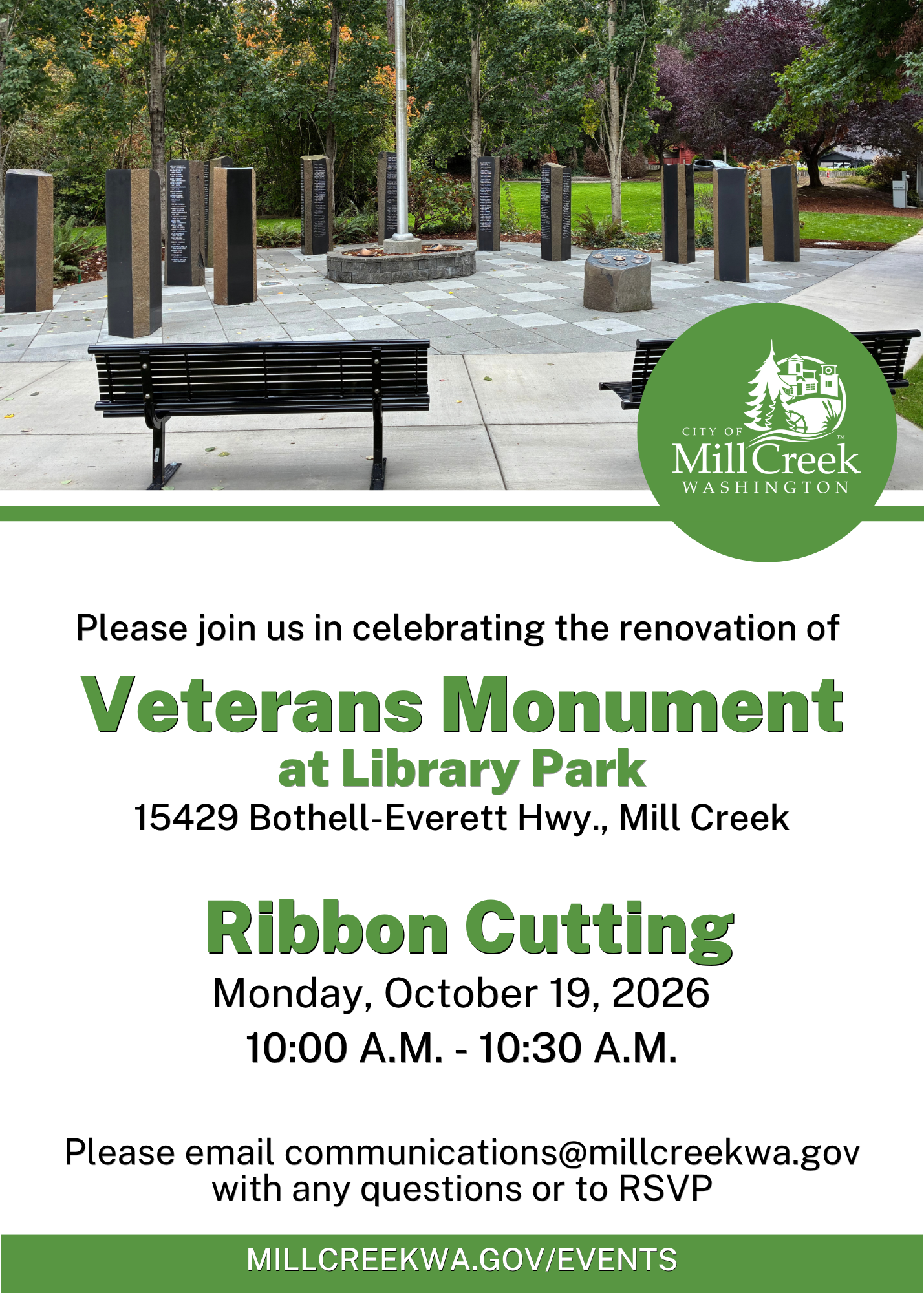 Please join the City of Mill Creek in celebrating the renovation of Veterans Monument at Library Park.