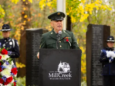 Veteran Larry Beach gives a speech at the 2024 Veterans Day Commemorative Ceremony