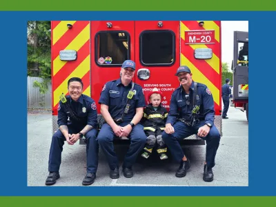 South County Fire Neighborhood Night - firefighters sitting on the back of a fire ending with a child in uniform.