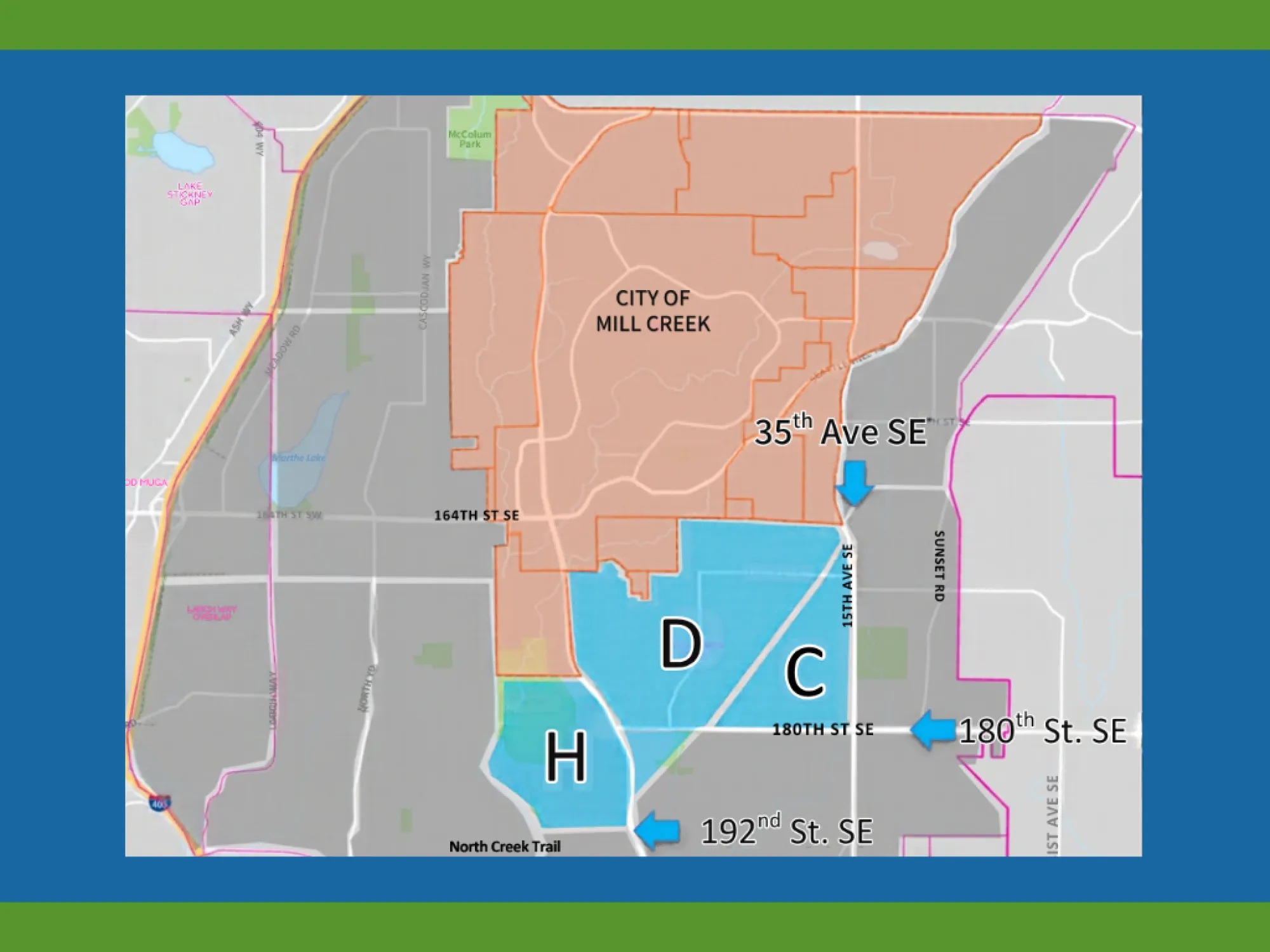 Map of the current borders of Mill Creek in orange and additional outlined sections to annex in blue to the south.