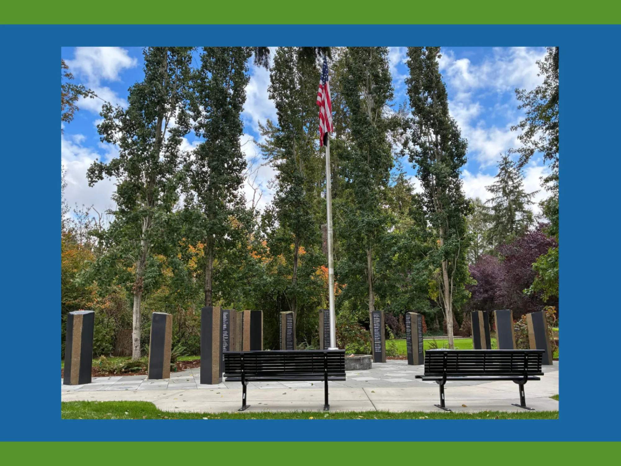 Expanded Veterans Monument with additional blank pillars for veteran names.